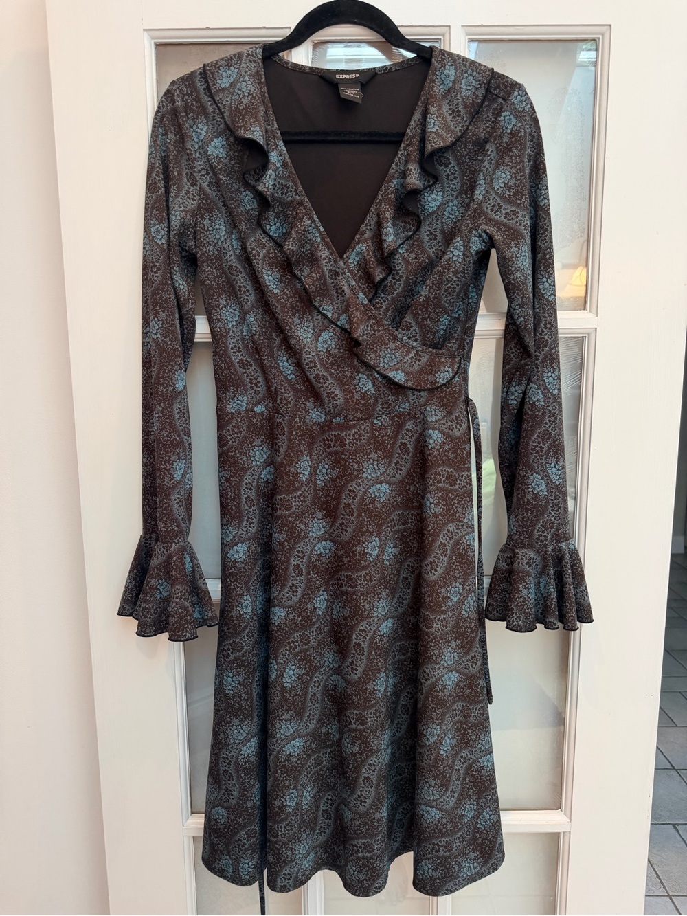 Vintage Express Y2K Teal & Brown Feminine Paisley Wrap Dress Ruffle Chic Size S